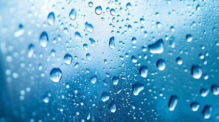 A close-up shot of water droplets on a blue background, creating a textured and abstract image.