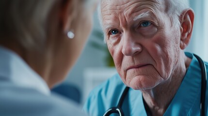 Editorial Photograph of an Elderly Patient Consulting with a Doctor During a Routine Check-Up, Engaged in a Focused Conversation in a Bright and Professional Clinic Environment, Highlighting Trust and