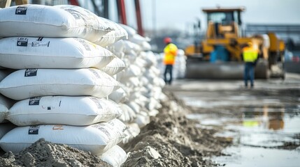 Stacked white cement bags organized in neat rows, positioned at a busy construction site with workers in the distance.