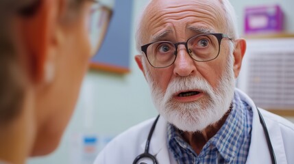 Editorial Photograph of an Elderly Patient Consulting with a Doctor During a Routine Check-Up, Engaged in a Focused Conversation in a Bright and Professional Clinic Environment, Highlighting Trust and