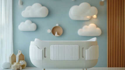 Modern nursery with crib and cloud decor on the wall.