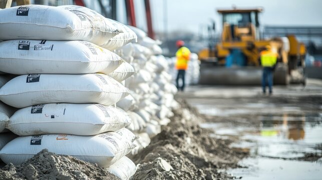 Stacked white cement bags organized in neat rows, positioned at a busy construction site with workers in the distance.