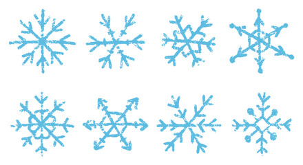 Fototapeta premium Set of blue handdrawn snowflakes with crayon, chalk or pastel texture. Kids vector illustration on a white background.