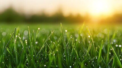Dewy Grass Blades Glistening in the Early Morning Light