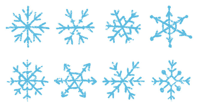 Set of blue handdrawn snowflakes with crayon, chalk or pastel texture. Kids vector illustration on a white background.