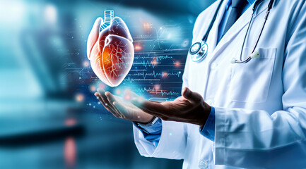 medical professional in white coat consults with AI system, visualizing digital heart hologram. futuristic setting highlights advanced healthcare technology