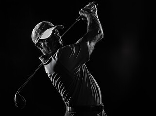 Black-and-white photography of an upper-body shot, the man is swinging his golf club in an action pose, wearing a cap, isolated on a black background