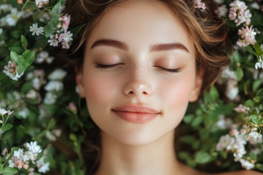 Woman with closed eyes surrounded by flowers  beauty portrait  nature  close up  skin  bea