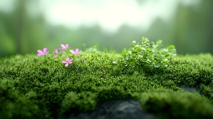 Obraz premium Close up of Lush Green Moss Covering a Rocky Surface with Tiny Floral Details