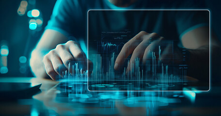 person interacts with futuristic digital interface, displaying data and graphs in dimly lit environment, suggesting innovation and technology