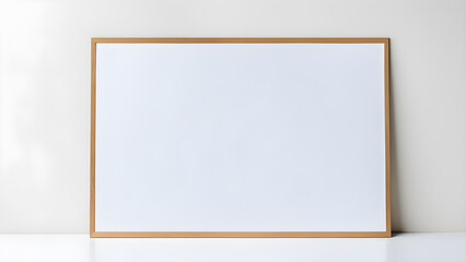 Fototapeta premium Blank beige wooden rectangle horizontal frame mockup for creative design against white background