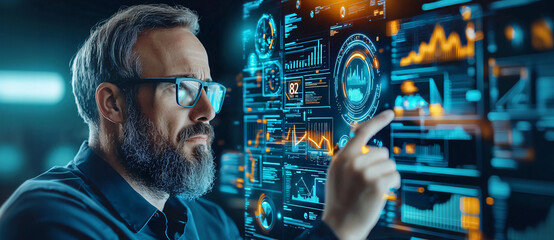man interacts with futuristic digital interface displaying data analytics and graphs, showcasing advanced technology and innovation. scene is vibrant and dynamic