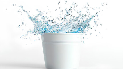 A white cup with water splashing out of it against a white background.