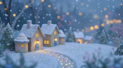 Naklejka premium Christmas cards : a snow-covered village, Christmas Eve night, Santa Claus, reindeer and sledding, Christmas trees and snowmen