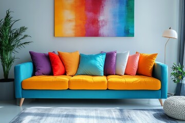 Modern Living Room Interior Design with Blue Sofa  Yellow Cushions and Abstract Artwork