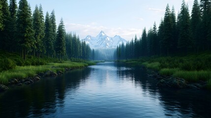 Crystal clear river flowing through a verdant forest landscape