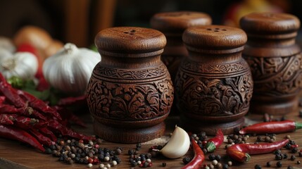 Vibrant spices in carved wooden containers, surrounded by salt and pepper shakers, garlic cloves, and chili peppers, evoking a warm, aromatic atmosphere.