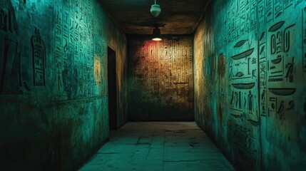 Obraz premium Walls covered in vibrant hieroglyphics within a dimly lit chamber, revealing the story of an Egyptian ruler's journey to the afterlife