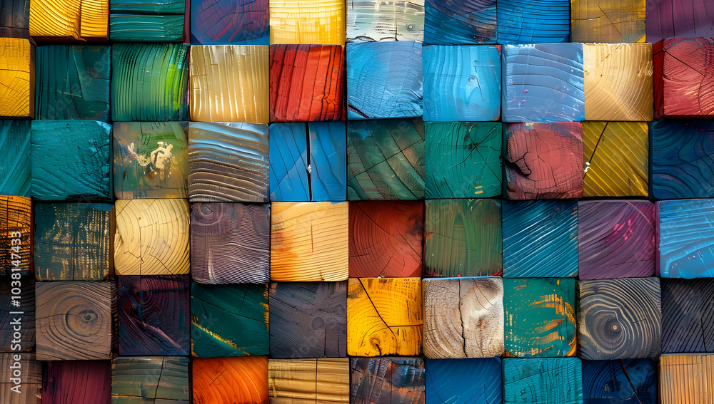 Poster colorful wooden blocks arranged in a grid pattern, each block painted with different colors and text