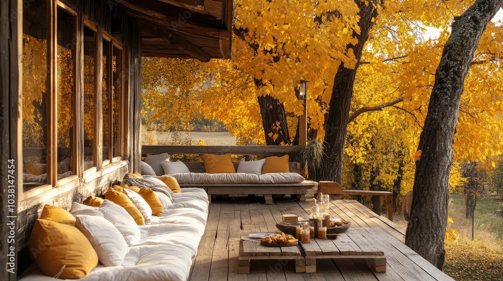 Wall mural wooden terrace adorned with soft pillows, rustic furniture, and yellow autumn trees, creating a cozy