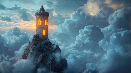 A mystical tower perched on a rocky peak, glowing warmly amid dramatic clouds and a serene twilight sky.