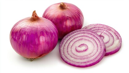 Two whole red onions and three sliced rings showcasing their vibrant color and texture.