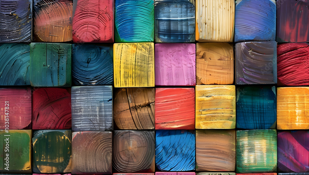 Poster colorful wooden blocks arranged in a grid pattern, each block painted with different colors and text