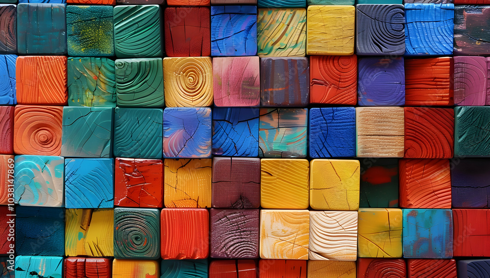 Poster colorful wooden blocks arranged in a grid pattern, each block painted with different colors and text