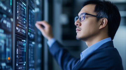 Fototapeta premium Factory Worker Monitoring Control Panels in High Tech Facility