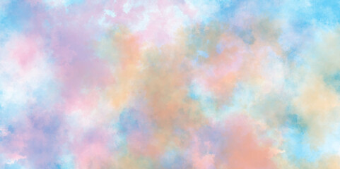Abstract cloudy gradient background with multicolor cloudy stains, multicolor clouds texture watercolor picture painting illustration, Pastel colors wet effect hand drawn soft watercolor background.