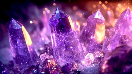 A stunning close-up of shimmering purple crystals set against a vibrant backdrop. The unique shapes and glowing facets create a magical atmosphere. Perfect for art and design. AI