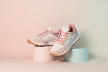 Trendy sneakers on a pastel colored background with subtle shadows