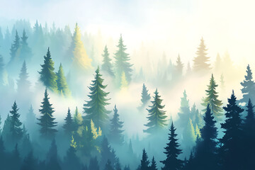 A serene forest landscape shrouded in mist, showcasing various coniferous trees.