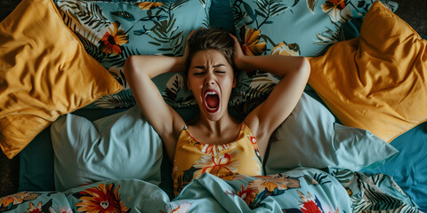 A young woman lying in bed with a colorful floral bedsheet, covering her ears, holding head and screaming, frightened by dreaming nightmare