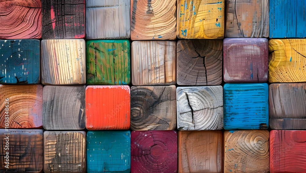 Poster colorful wooden blocks arranged in a grid pattern, each block painted with different colors and text