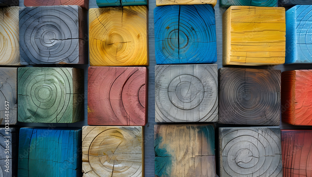 Poster colorful wooden blocks arranged in a grid pattern, each block painted with different colors and text