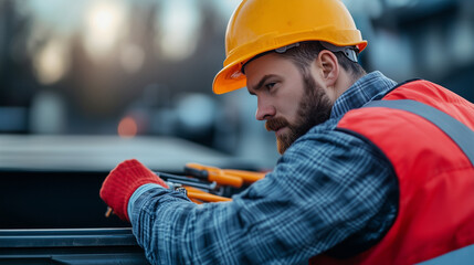 Obraz premium Worker Organizing Tools in Truck for Daily Tasks