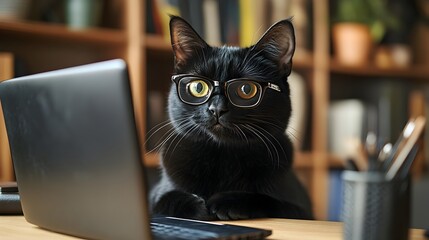 Focused Feline Black Cat Studying Laptop on Organized Desk with Reading Glasses