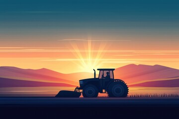 Fototapeta premium A silhouette of a tractor against a stunning sunset over mountains and a calm lake, capturing the essence of rural life.