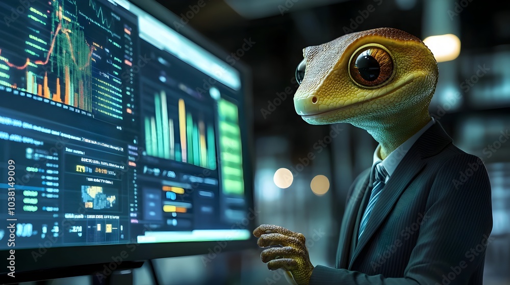 Poster gecko businessman analyzing financial data on computer monitor