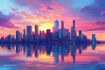 Fototapeta premium A stunning digital skyline at sunset, featuring skyscrapers reflected in a calm body of water, blending vibrant colors beautifully.