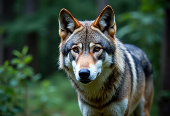 Fototapeta premium Close-up portrait of a wolf in a forested environment