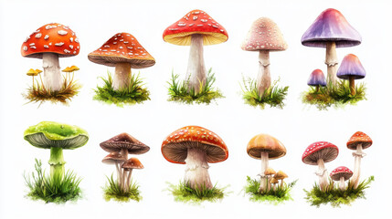 Illustration of Various Mushrooms on White Background