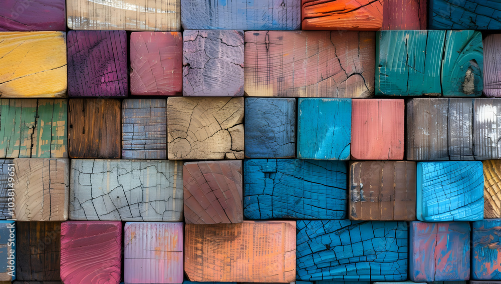 Poster colorful wooden blocks arranged in a grid pattern, each block painted with different colors and text