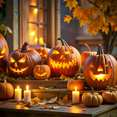 Fototapeta premium A group of intricately carved pumpkins with eerie faces