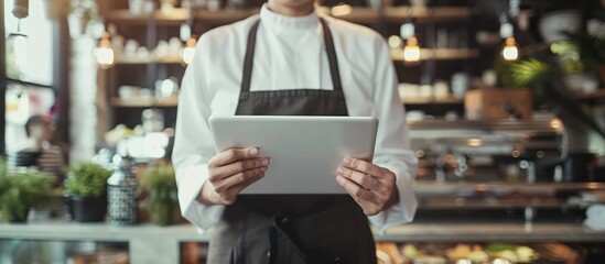 close up businessman entrepreneur owner restaurant manager holding tablet customer service