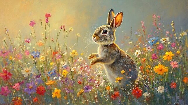Joyful Rabbit Hopping Through a Vibrant Spring Meadow Filled with Blooming Wildflowers
