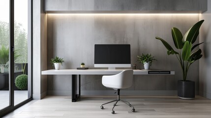 A sleek, modern workspace with clean lines and neutral tones, embodying the simplicity and functionality of a minimalist lifestyle. The image takes inspiration from contemporary interior design 