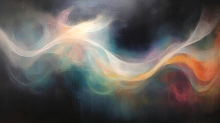 An abstract painting featuring swirling colors and a bright, white light on a dark background.