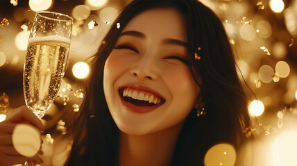 シャンパンで乾杯する笑顔の女性